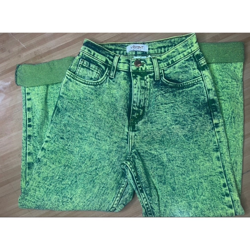 Vibrant Green Acid Wash Jeans High Rise Relaxed Straight Leg 90s Grunge Size 1 - Picture 6 of 7